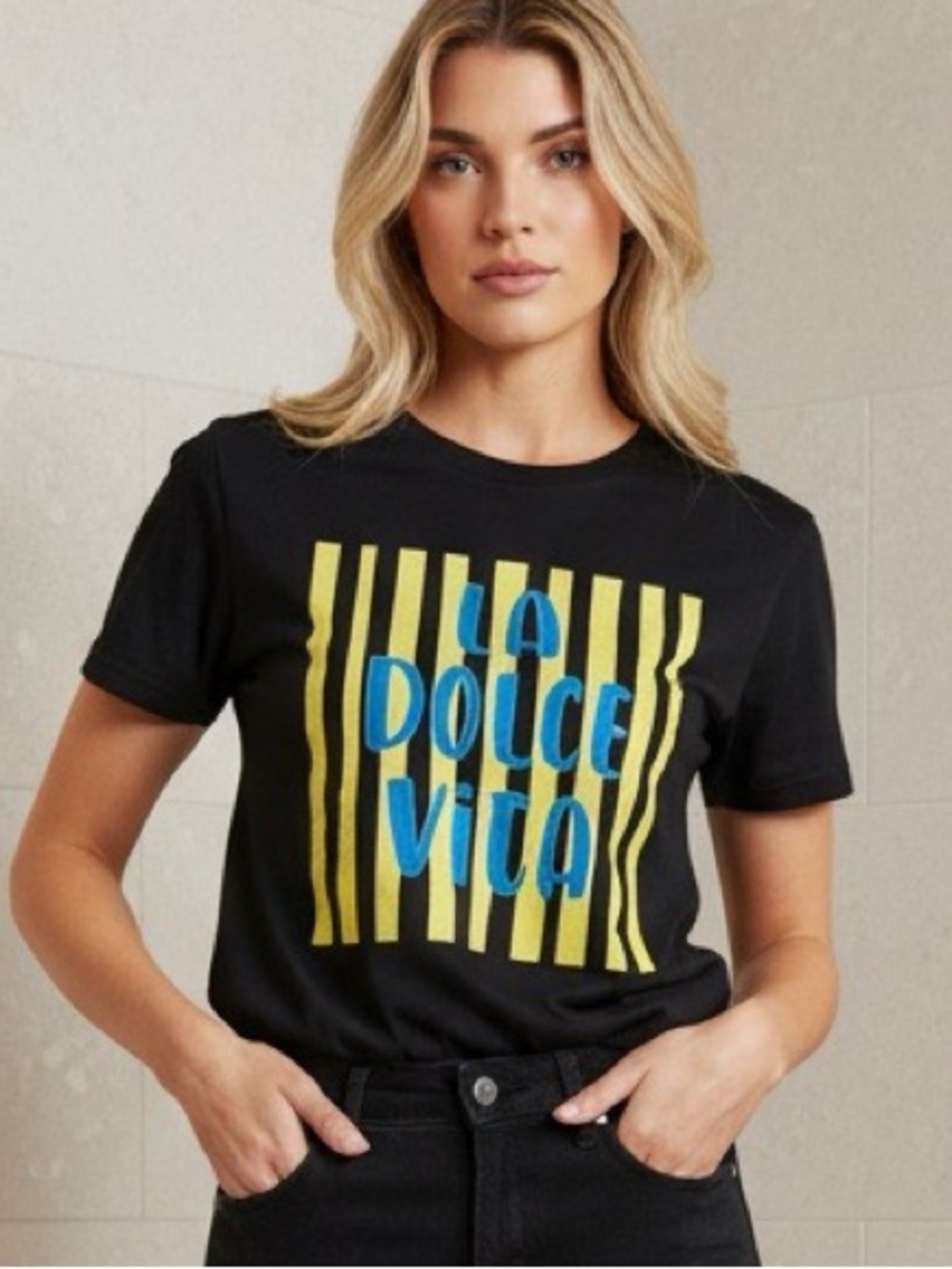 La Dolce Vita Graphic T-Shirt - Black with Yellow & Blue Print